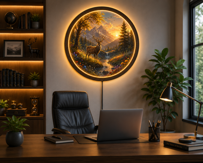 LED Deer Wall Art, Lighted Forest Wall Decor, Round Woodland Night Light, Rustic Cabin Decor, Acrylic LED Wall Hanging, Nature Gift