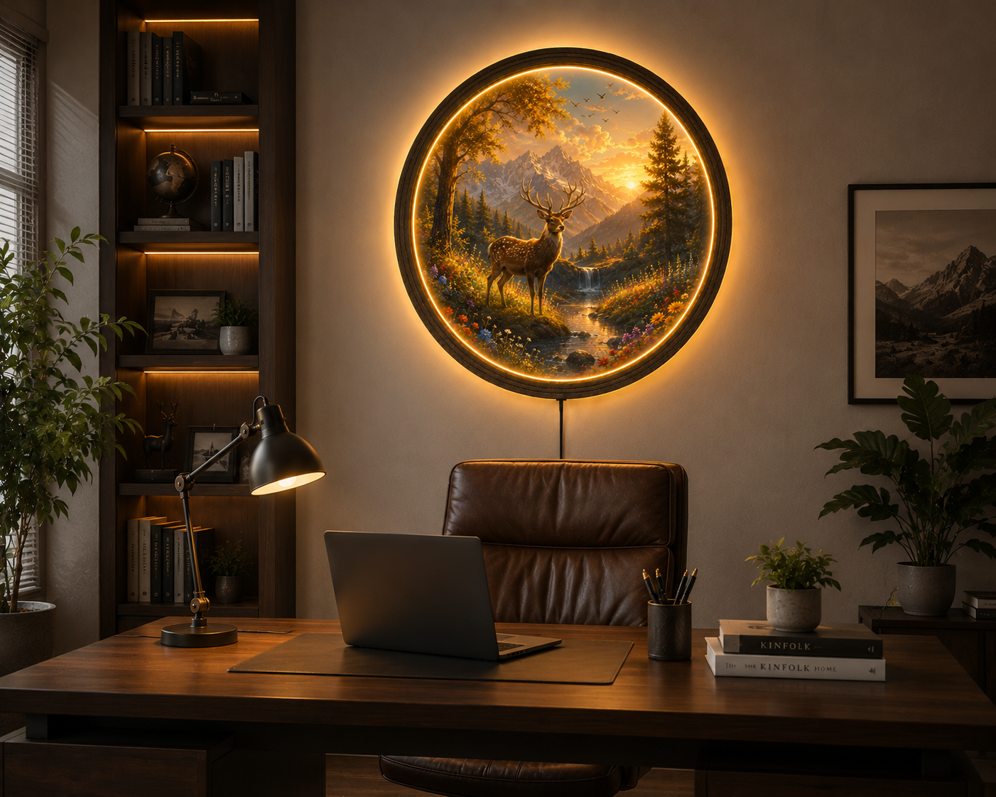 LED Deer Wall Art, Lighted Forest Wall Decor, Round Woodland Night Light, Rustic Cabin Decor, Acrylic LED Wall Hanging, Nature Gift
