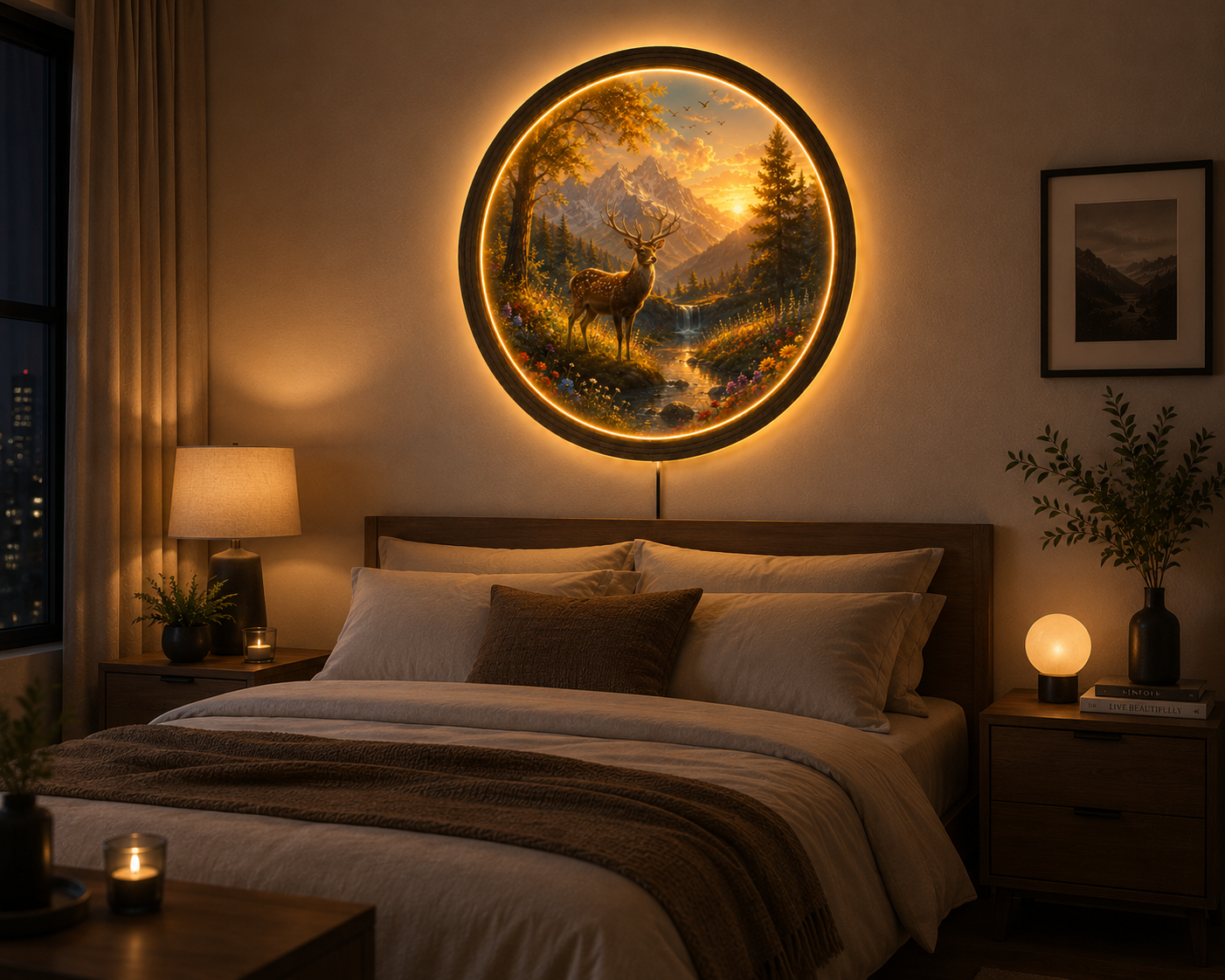 LED Deer Wall Art, Lighted Forest Wall Decor, Round Woodland Night Light, Rustic Cabin Decor, Acrylic LED Wall Hanging, Nature Gift