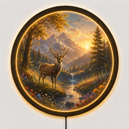 LED Deer Wall Art, Lighted Forest Wall Decor, Round Woodland Night Light, Rustic Cabin Decor, Acrylic LED Wall Hanging, Nature Gift