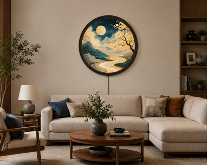 Moonlit Cherry Blossom LED Wall Art, Round Japanese Landscape Light Decor
