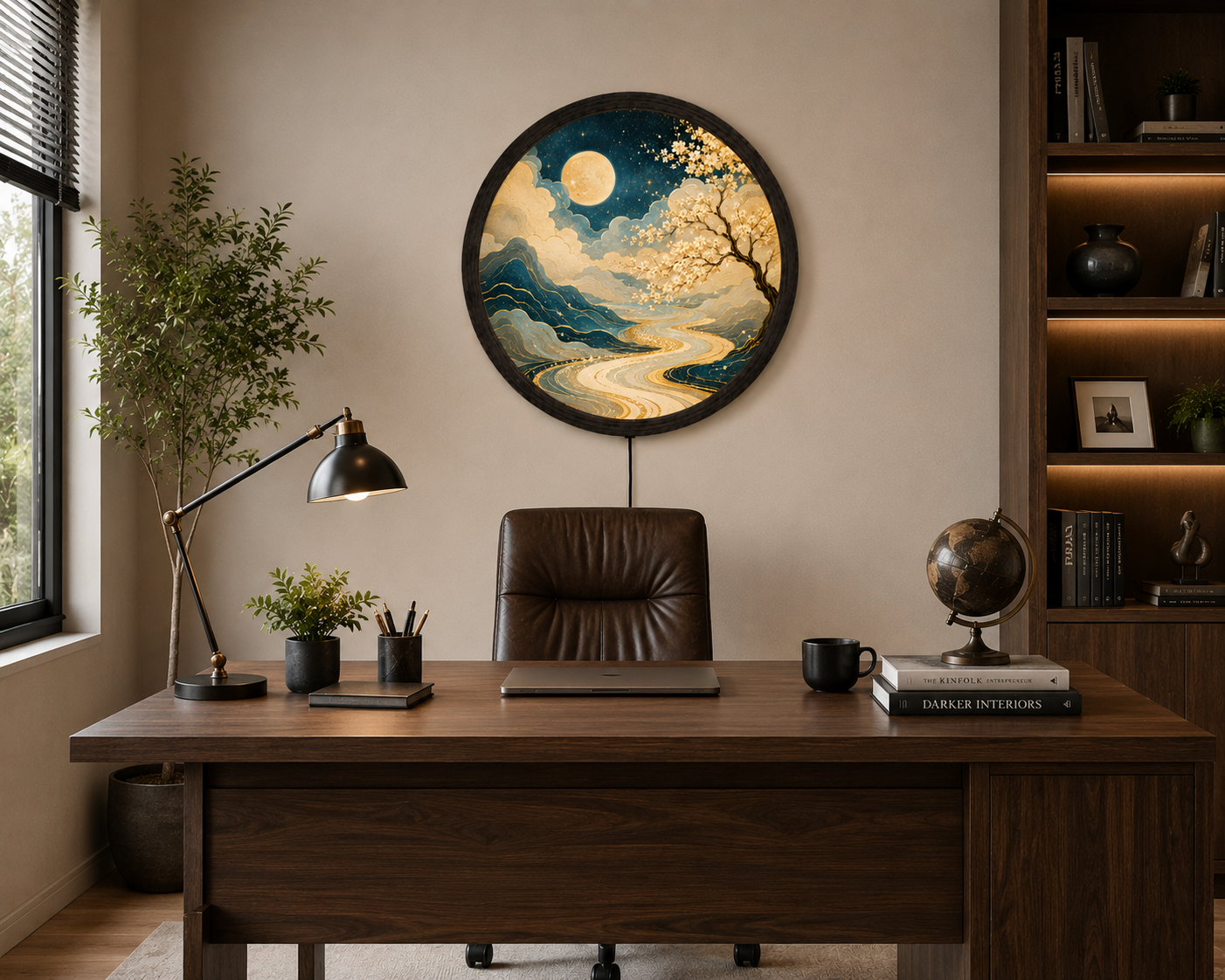 Moonlit Cherry Blossom LED Wall Art, Round Japanese Landscape Light Decor