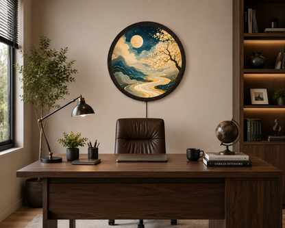 Moonlit Cherry Blossom LED Wall Art, Round Japanese Landscape Light Decor