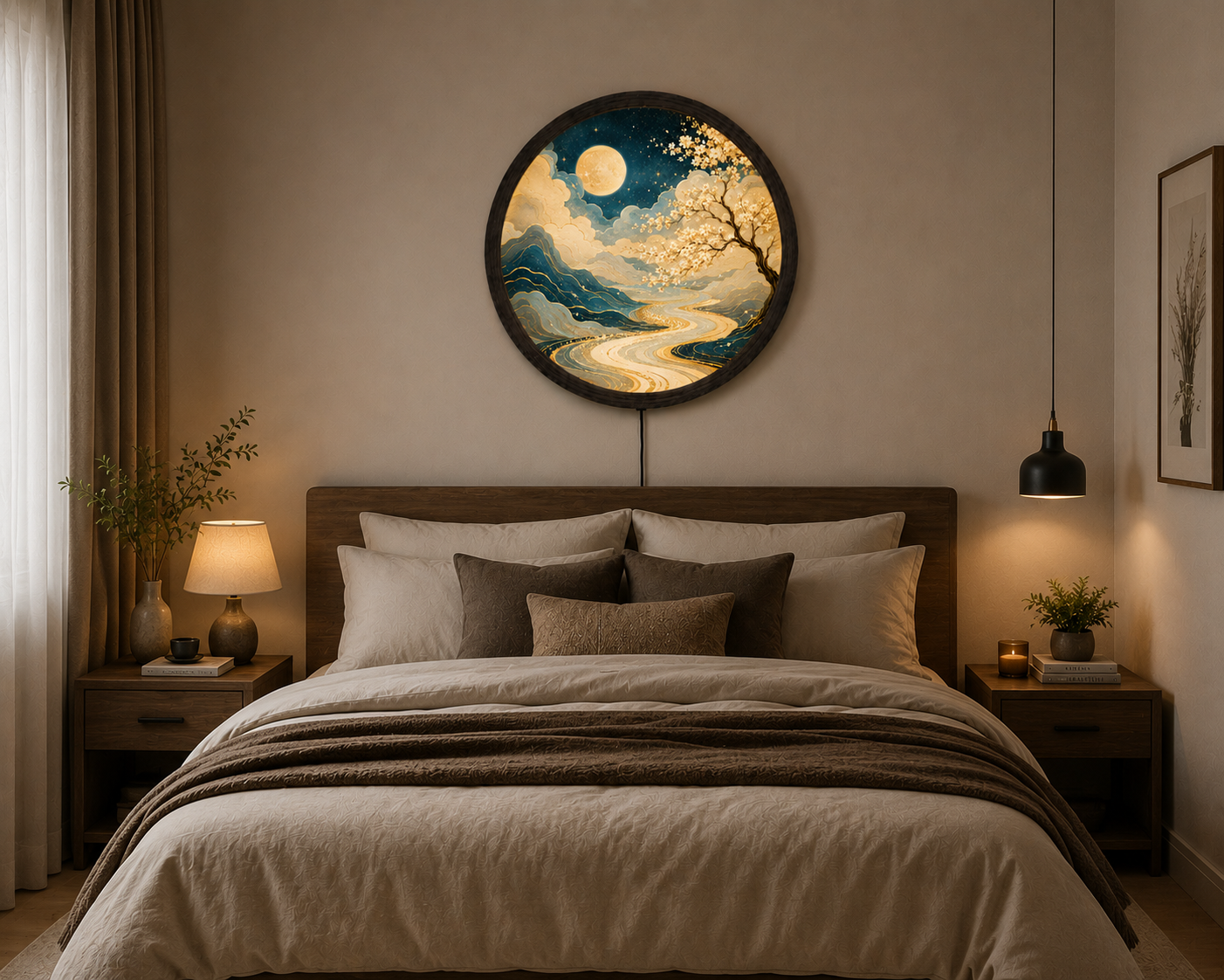Moonlit Cherry Blossom LED Wall Art, Round Japanese Landscape Light Decor