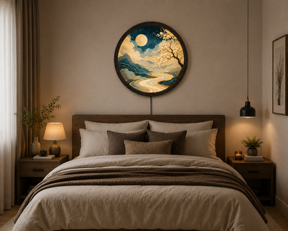 Moonlit Cherry Blossom LED Wall Art, Round Japanese Landscape Light Decor