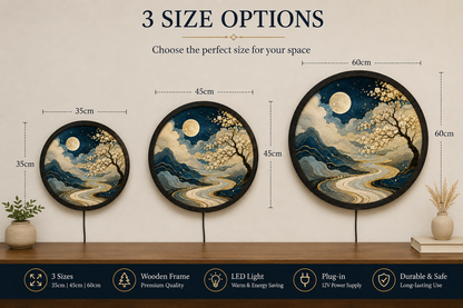 Moonlit Cherry Blossom LED Wall Art, Round Japanese Landscape Light Decor