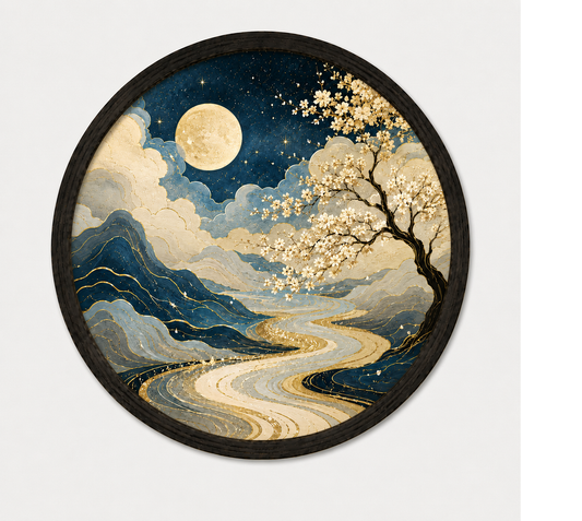 Moonlit Cherry Blossom LED Wall Art, Round Japanese Landscape Light Decor