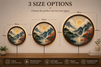 Japanese Mountain LED Wall Art, Round Moon Landscape Wall Decor, Waterfall Nature Light, Living Room Bedroom Decor