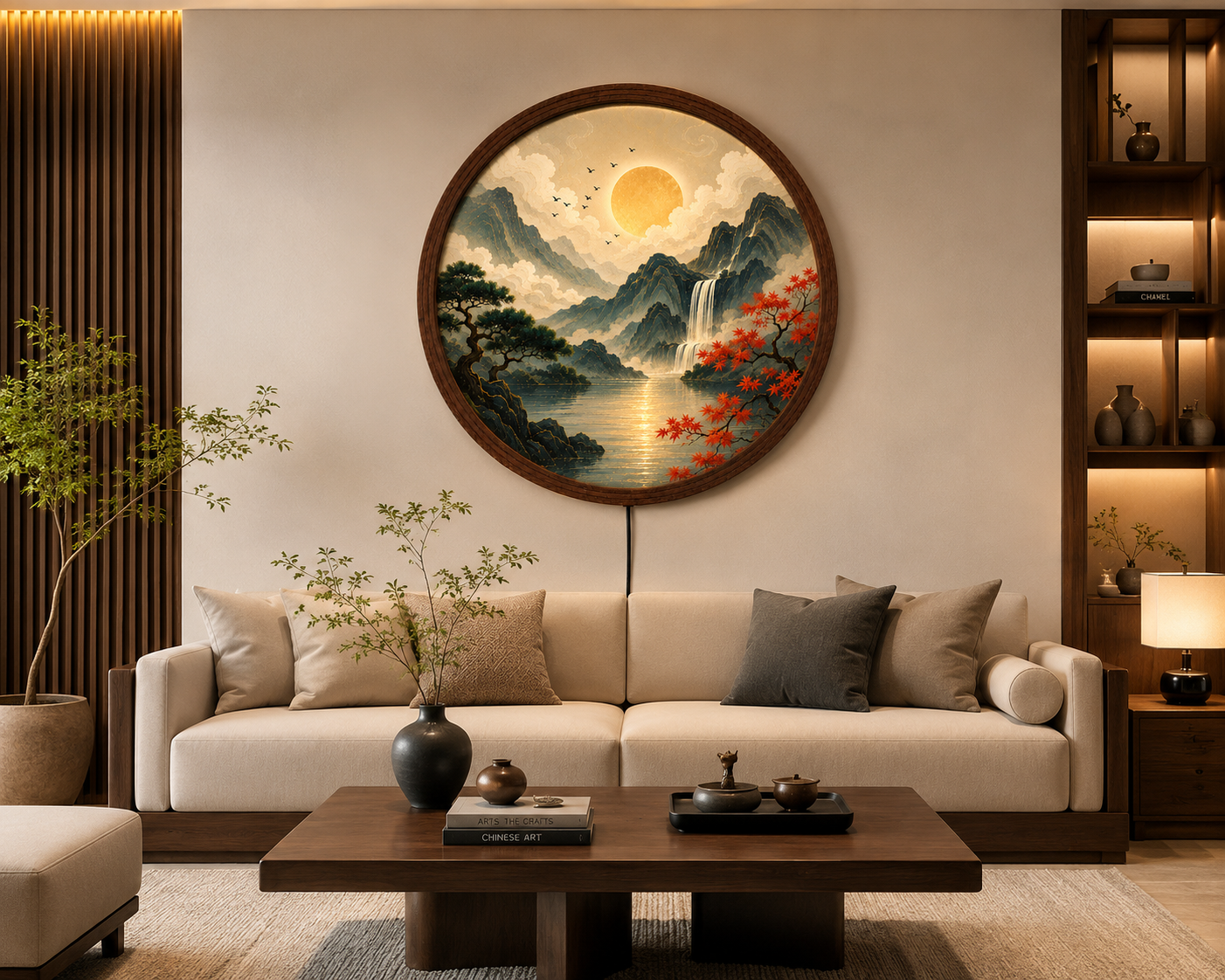 Japanese Mountain LED Wall Art, Round Moon Landscape Wall Decor, Waterfall Nature Light, Living Room Bedroom Decor