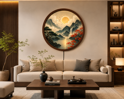 Japanese Mountain LED Wall Art, Round Moon Landscape Wall Decor, Waterfall Nature Light, Living Room Bedroom Decor