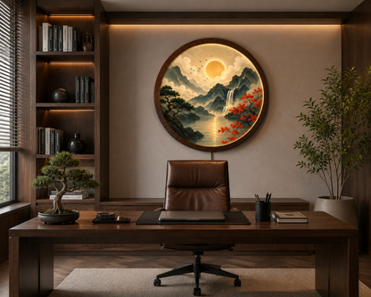Japanese Mountain LED Wall Art, Round Moon Landscape Wall Decor, Waterfall Nature Light, Living Room Bedroom Decor