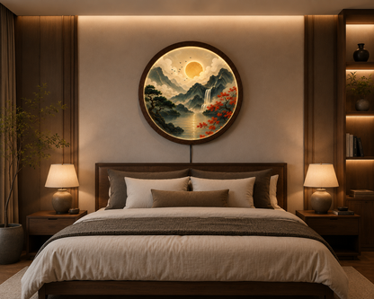 Japanese Mountain LED Wall Art, Round Moon Landscape Wall Decor, Waterfall Nature Light, Living Room Bedroom Decor