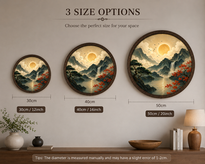 Japanese Mountain LED Wall Art, Round Moon Landscape Wall Decor, Waterfall Nature Light, Living Room Bedroom Decor