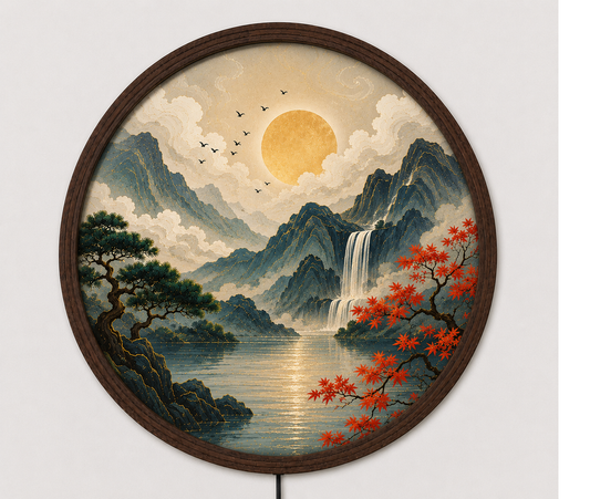 Japanese Mountain LED Wall Art, Round Moon Landscape Wall Decor, Waterfall Nature Light, Living Room Bedroom Decor