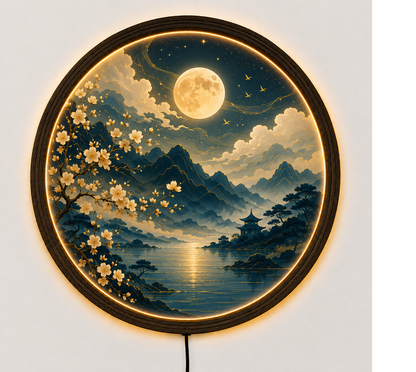 Moonlit Japanese LED Wall Art, Round Cherry Blossom Landscape Decor, Zen Home Wall Light for Living Room Bedroom