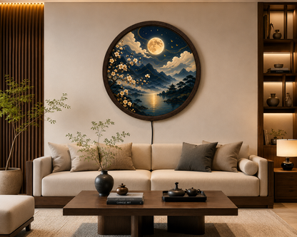 Moonlit Japanese LED Wall Art, Round Cherry Blossom Landscape Decor, Zen Home Wall Light for Living Room Bedroom