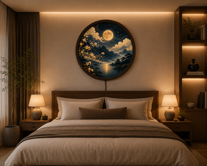 Moonlit Japanese LED Wall Art, Round Cherry Blossom Landscape Decor, Zen Home Wall Light for Living Room Bedroom