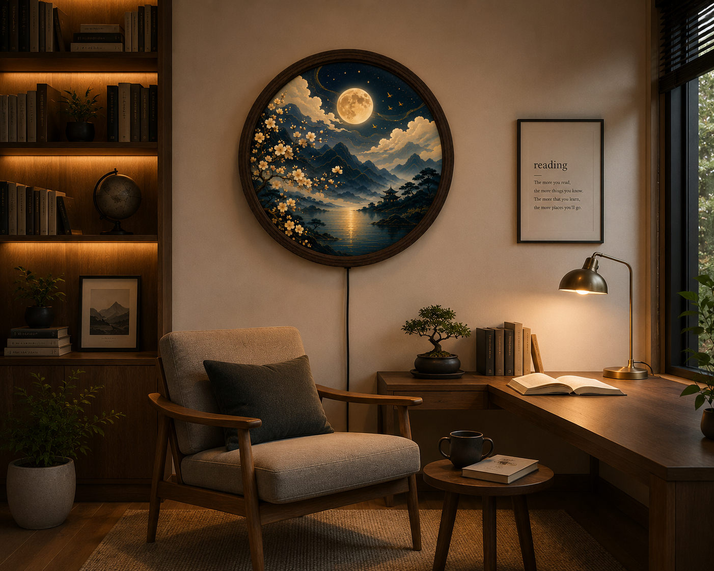 Moonlit Japanese LED Wall Art, Round Cherry Blossom Landscape Decor, Zen Home Wall Light for Living Room Bedroom