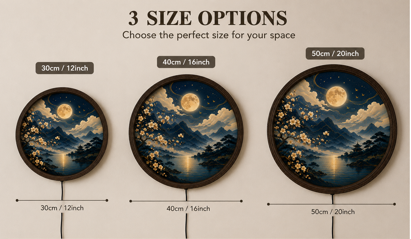 Moonlit Japanese LED Wall Art, Round Cherry Blossom Landscape Decor, Zen Home Wall Light for Living Room Bedroom