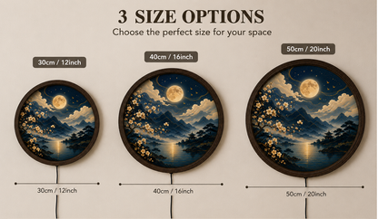 Moonlit Japanese LED Wall Art, Round Cherry Blossom Landscape Decor, Zen Home Wall Light for Living Room Bedroom