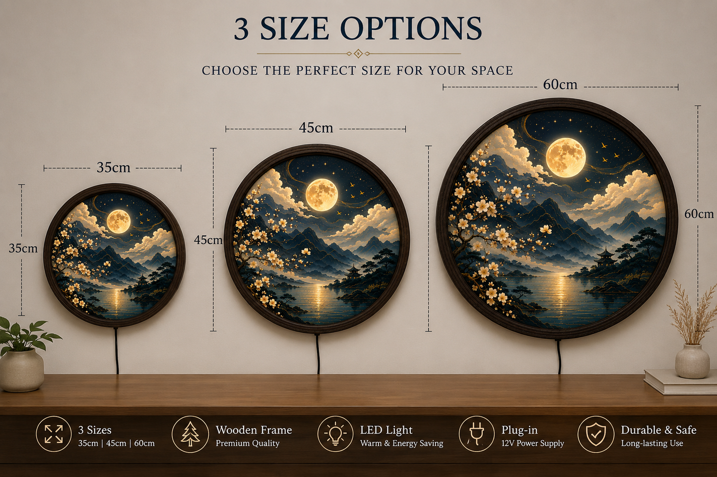 Moonlit Japanese LED Wall Art, Round Cherry Blossom Landscape Decor, Zen Home Wall Light for Living Room Bedroom