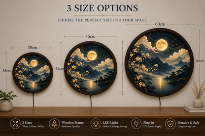 Moonlit Japanese LED Wall Art, Round Cherry Blossom Landscape Decor, Zen Home Wall Light for Living Room Bedroom