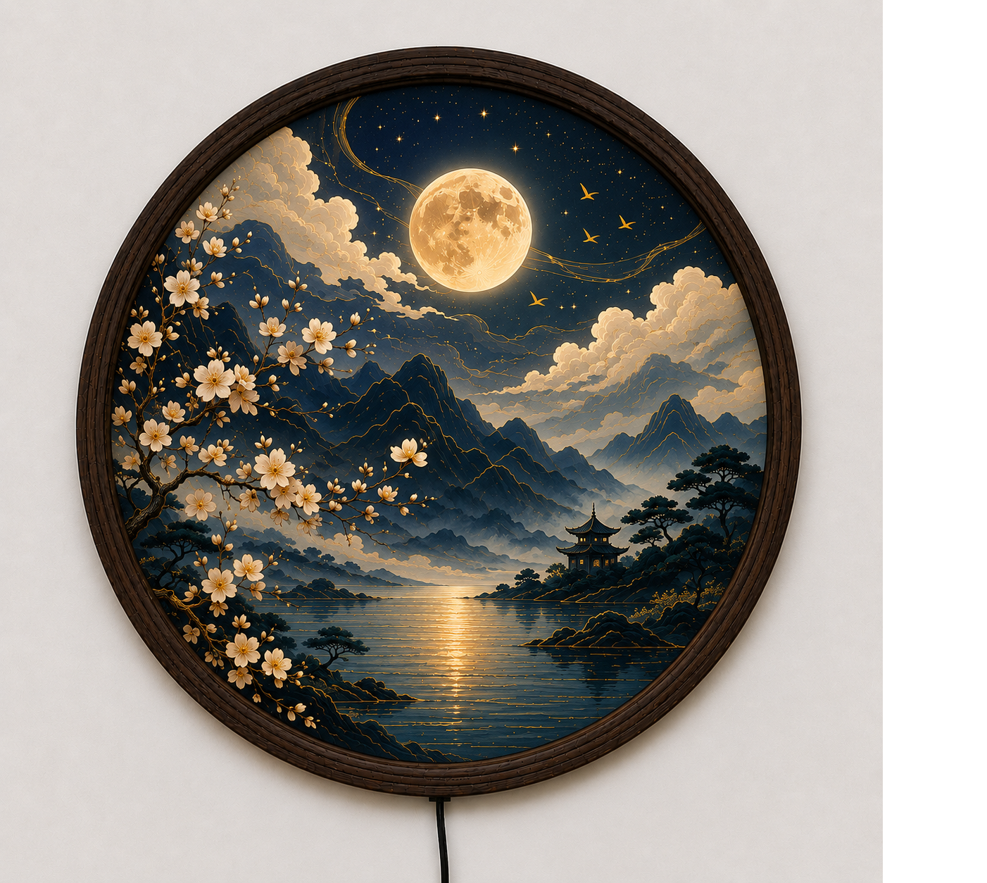 Moonlit Japanese LED Wall Art, Round Cherry Blossom Landscape Decor, Zen Home Wall Light for Living Room Bedroom