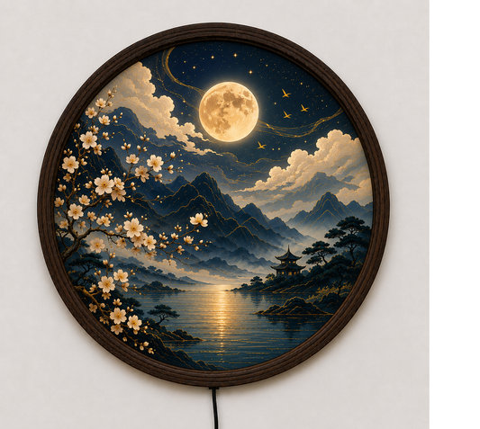 Moonlit Japanese LED Wall Art, Round Cherry Blossom Landscape Decor, Zen Home Wall Light for Living Room Bedroom