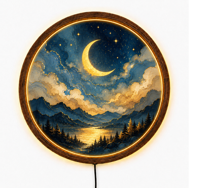 Round Moon LED Wall Art, Crescent Moon Landscape Wall Light, Modern Wooden Frame Decor for Bedroom Living Room