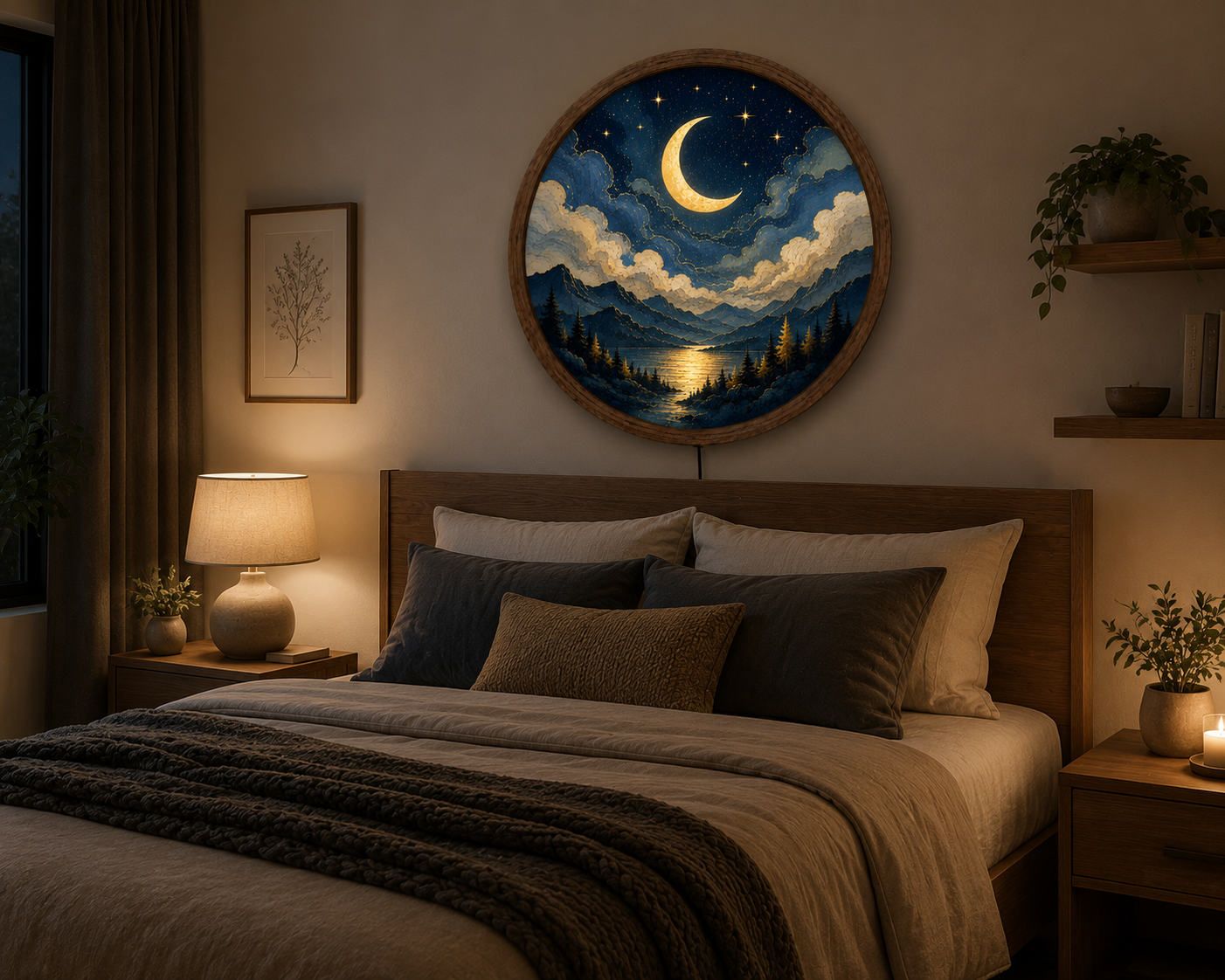 Round Moon LED Wall Art, Crescent Moon Landscape Wall Light, Modern Wooden Frame Decor for Bedroom Living Room