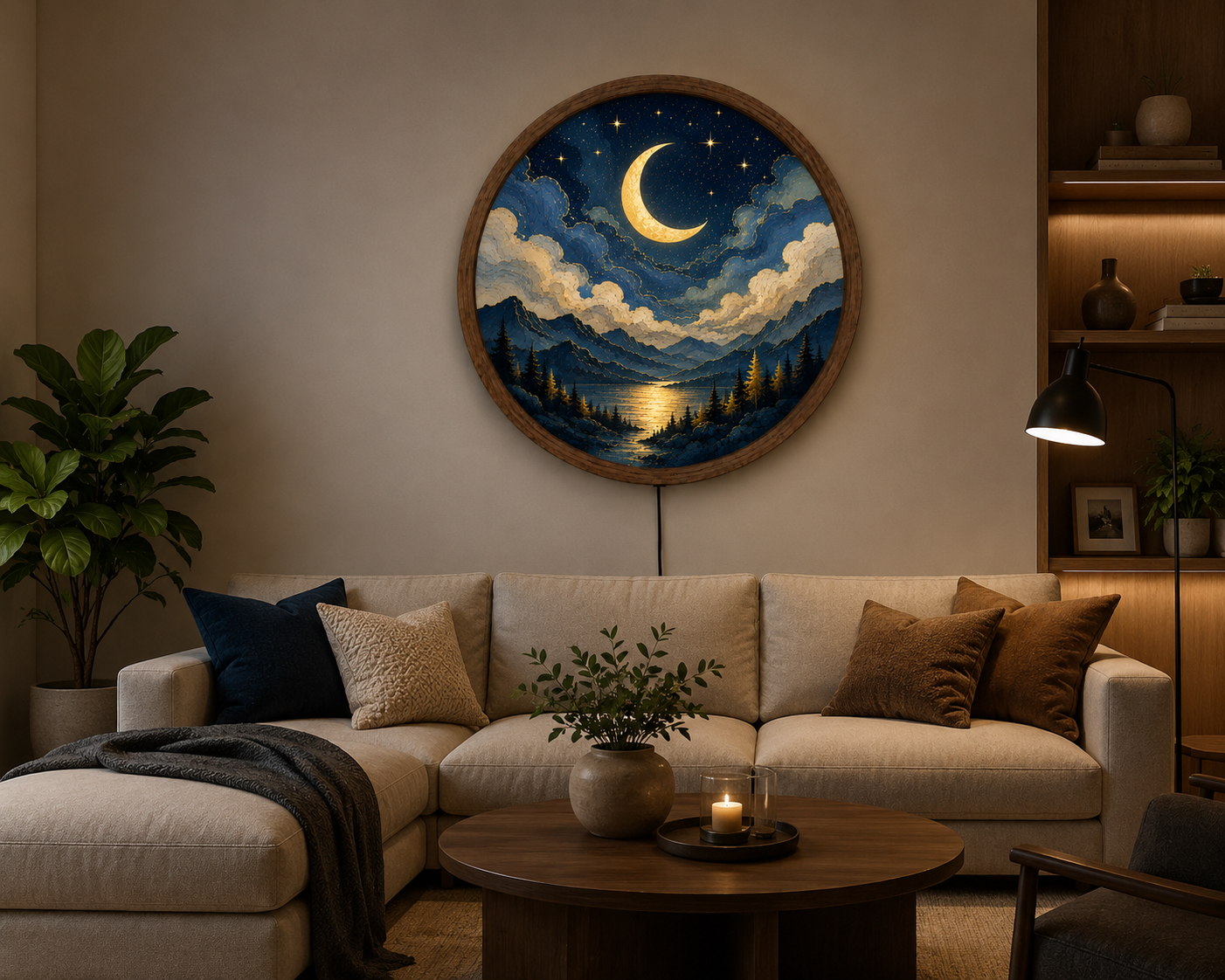 Round Moon LED Wall Art, Crescent Moon Landscape Wall Light, Modern Wooden Frame Decor for Bedroom Living Room