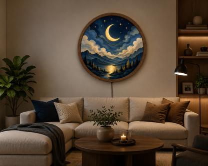 Round Moon LED Wall Art, Crescent Moon Landscape Wall Light, Modern Wooden Frame Decor for Bedroom Living Room