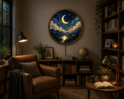 Round Moon LED Wall Art, Crescent Moon Landscape Wall Light, Modern Wooden Frame Decor for Bedroom Living Room