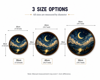 Round Moon LED Wall Art, Crescent Moon Landscape Wall Light, Modern Wooden Frame Decor for Bedroom Living Room