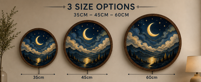 Round Moon LED Wall Art, Crescent Moon Landscape Wall Light, Modern Wooden Frame Decor for Bedroom Living Room