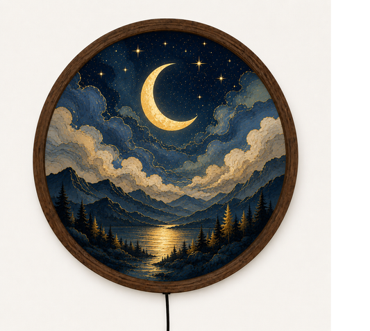 Round Moon LED Wall Art, Crescent Moon Landscape Wall Light, Modern Wooden Frame Decor for Bedroom Living Room