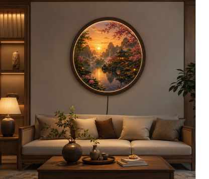 Round LED Wall Art, Sunset Landscape Wall Decor, Asian Nature Scene, Lighted Wooden Wall Hanging, Zen Living Room Decor, Gift Idea