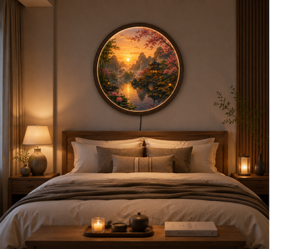 Round LED Wall Art, Sunset Landscape Wall Decor, Asian Nature Scene, Lighted Wooden Wall Hanging, Zen Living Room Decor, Gift Idea
