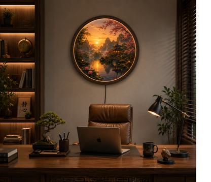 Round LED Wall Art, Sunset Landscape Wall Decor, Asian Nature Scene, Lighted Wooden Wall Hanging, Zen Living Room Decor, Gift Idea