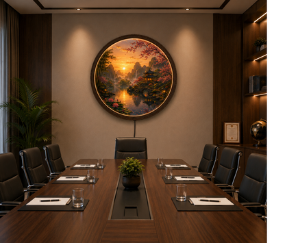 Round LED Wall Art, Sunset Landscape Wall Decor, Asian Nature Scene, Lighted Wooden Wall Hanging, Zen Living Room Decor, Gift Idea