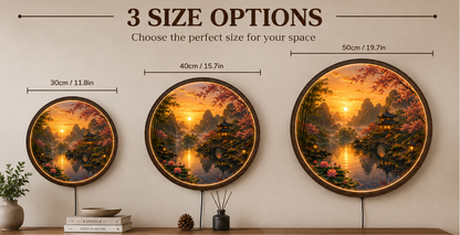 Round LED Wall Art, Sunset Landscape Wall Decor, Asian Nature Scene, Lighted Wooden Wall Hanging, Zen Living Room Decor, Gift Idea