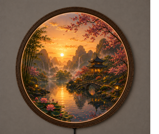 Round LED Wall Art, Sunset Landscape Wall Decor, Asian Nature Scene, Lighted Wooden Wall Hanging, Zen Living Room Decor, Gift Idea