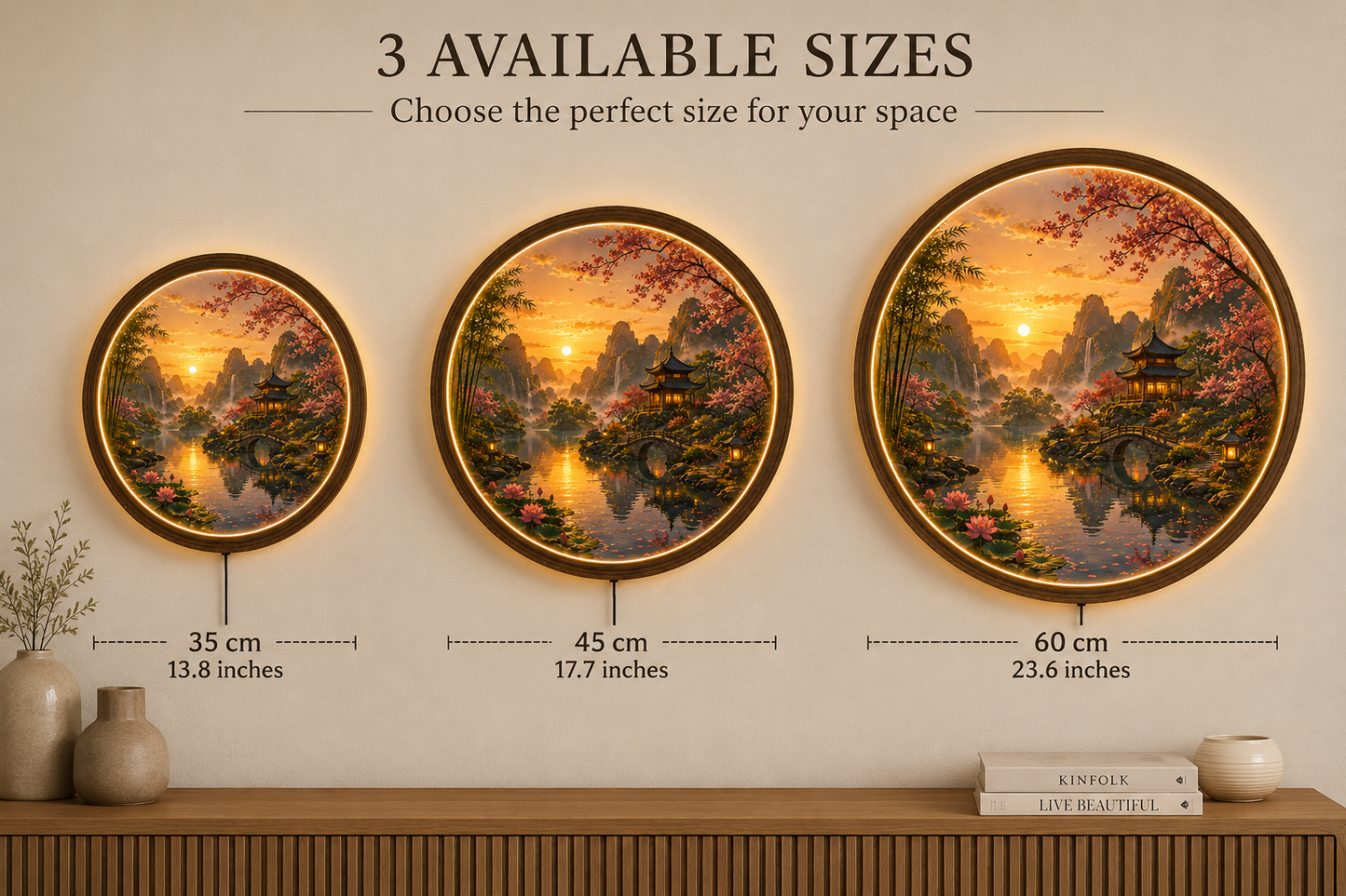 Round LED Wall Art, Sunset Landscape Wall Decor, Asian Nature Scene, Lighted Wooden Wall Hanging, Zen Living Room Decor, Gift Idea