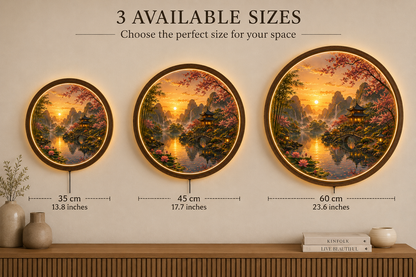 Round LED Wall Art, Sunset Landscape Wall Decor, Asian Nature Scene, Lighted Wooden Wall Hanging, Zen Living Room Decor, Gift Idea