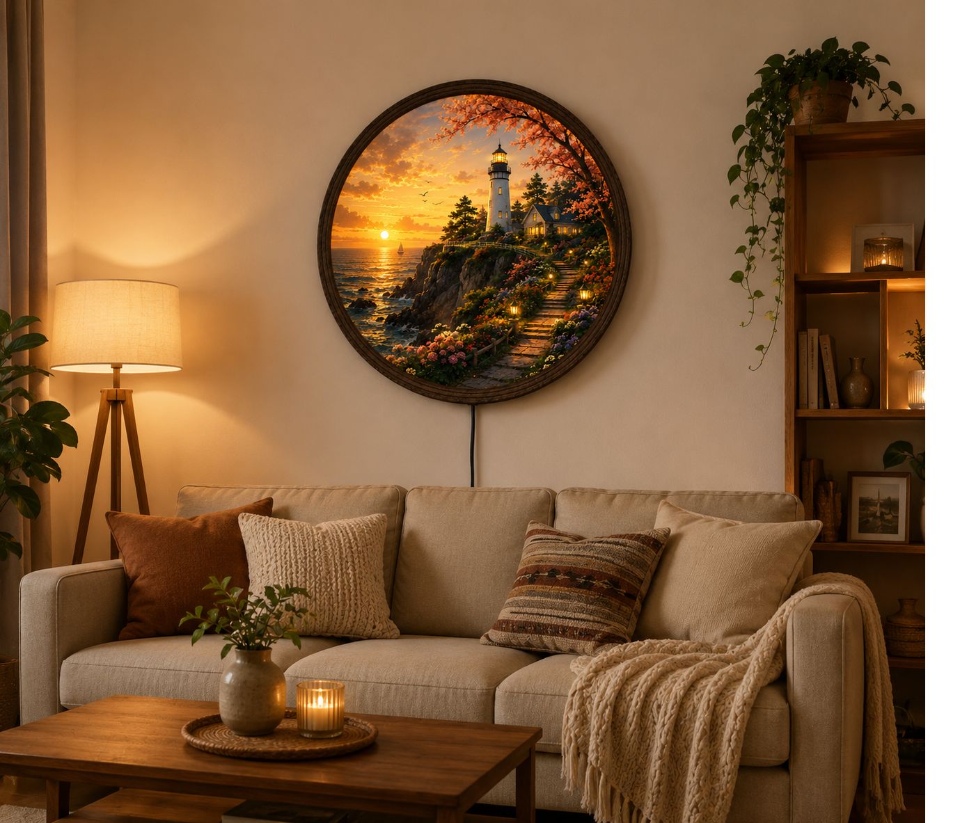 Lighthouse LED Wall Art, Coastal Sunset Round Wall Light, Nautical Home Decor, Ocean Landscape Wall Decor, Gift for Beach Lovers
