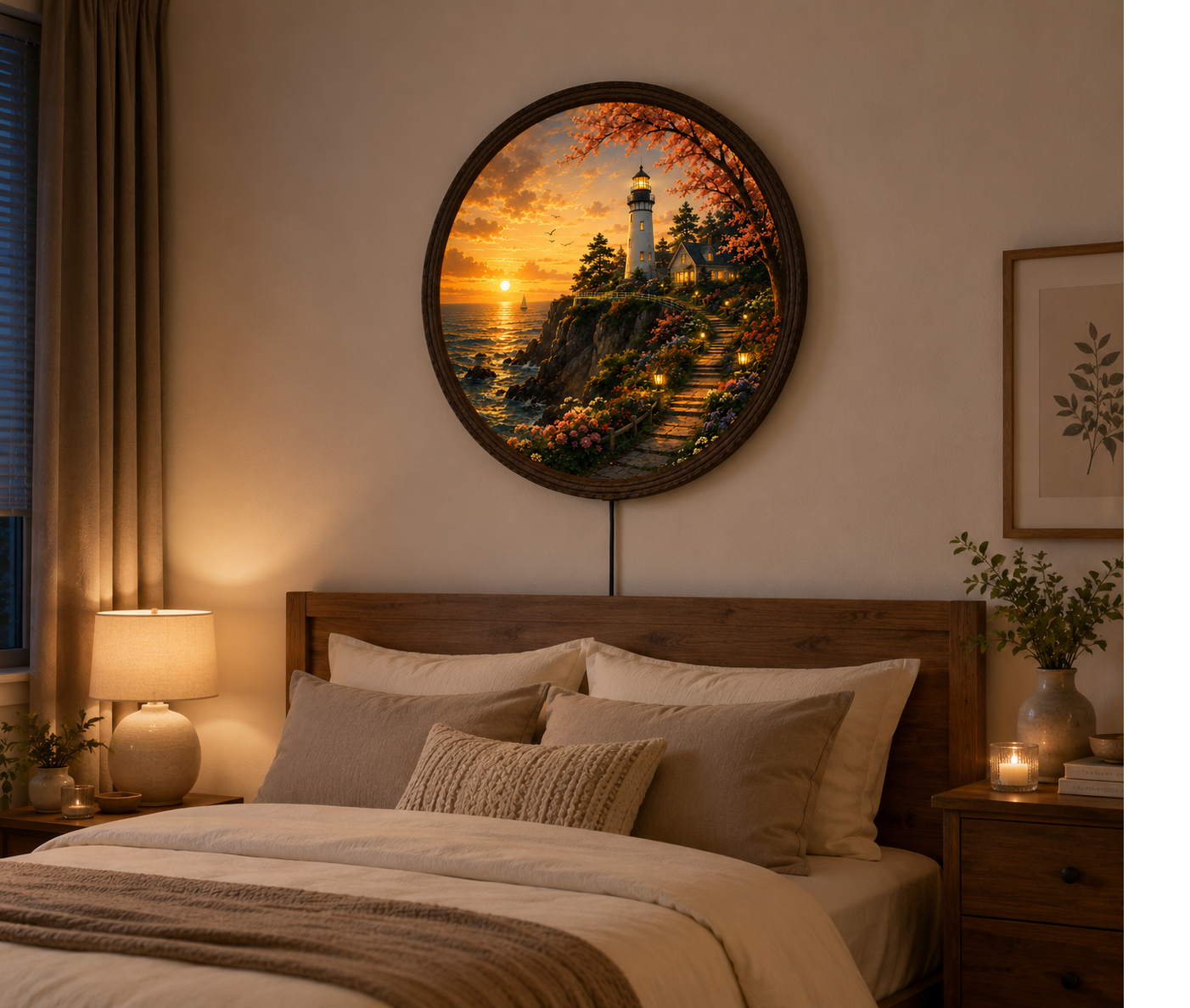 Lighthouse LED Wall Art, Coastal Sunset Round Wall Light, Nautical Home Decor, Ocean Landscape Wall Decor, Gift for Beach Lovers