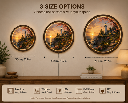 Lighthouse LED Wall Art, Coastal Sunset Round Wall Light, Nautical Home Decor, Ocean Landscape Wall Decor, Gift for Beach Lovers