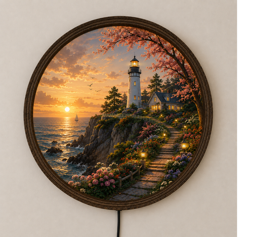 Lighthouse LED Wall Art, Coastal Sunset Round Wall Light, Nautical Home Decor, Ocean Landscape Wall Decor, Gift for Beach Lovers