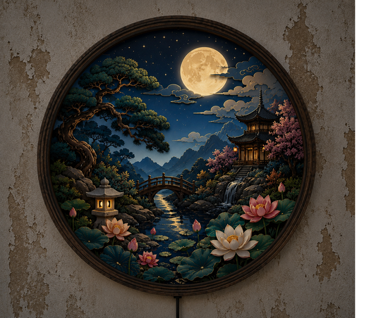 Moonlit Japanese Garden LED Wall Art, Round Lighted Asian Landscape Decor, Zen Home Wall Hanging, Backlit Wooden Frame Lamp