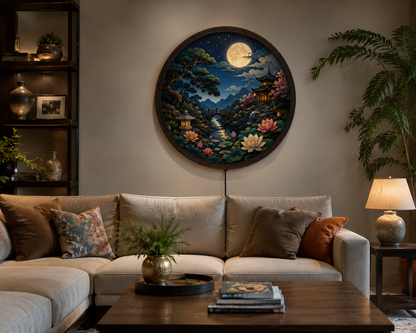 Moonlit Japanese Garden LED Wall Art, Round Lighted Asian Landscape Decor, Zen Home Wall Hanging, Backlit Wooden Frame Lamp